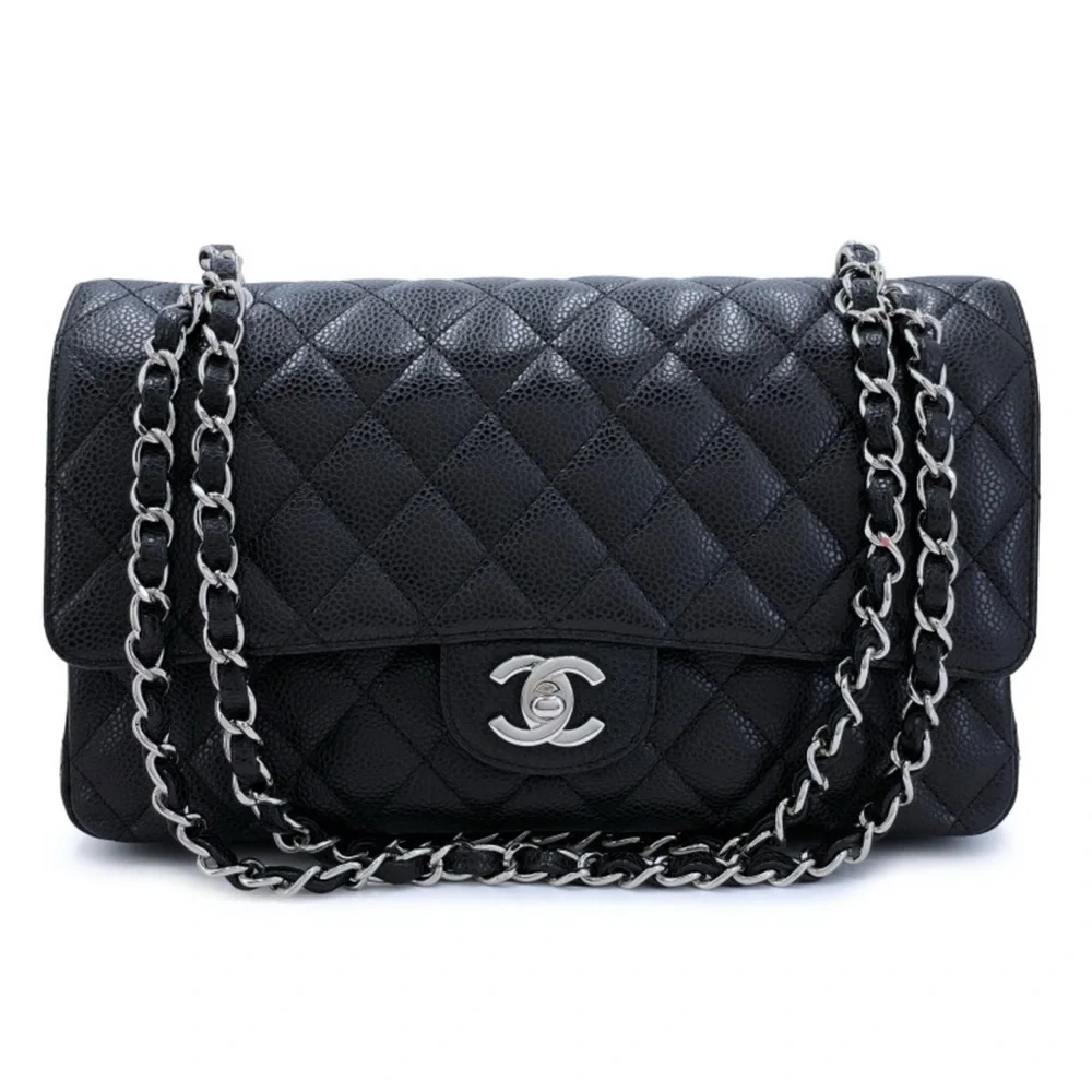 Stunning caviar leather Chanel Medium Classic Double Flap black Silver Hardware
